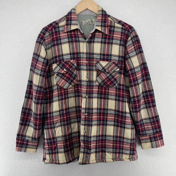 BRUCE JENNER Shirt Jacket Mens M Wool Blend Plaid Quilted Insulated Shacket Red - Picture 1 of 13